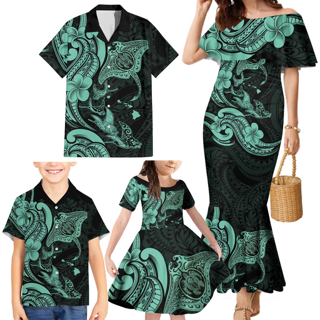 Hawaiian Manta Rays Family Matching Mermaid Dress and Hawaiian Shirt Tribal Hibiscus Polynesian Tattoos Turquoise Color LT03 - Polynesian Pride