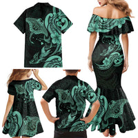 Hawaiian Manta Rays Family Matching Mermaid Dress and Hawaiian Shirt Tribal Hibiscus Polynesian Tattoos Turquoise Color LT03 - Polynesian Pride