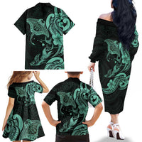 Hawaiian Manta Rays Family Matching Off The Shoulder Long Sleeve Dress and Hawaiian Shirt Tribal Hibiscus Polynesian Tattoos Turquoise Color LT03 - Polynesian Pride