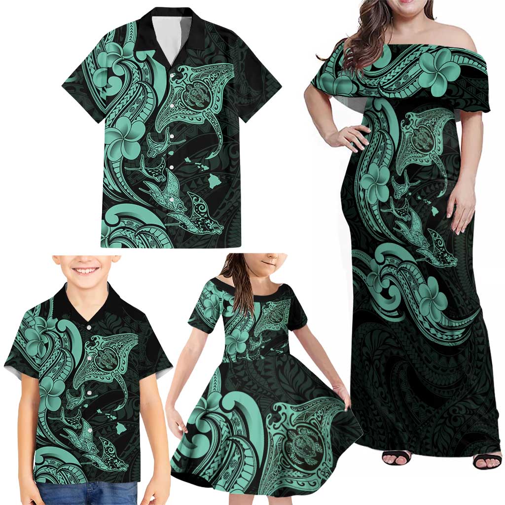 Hawaiian Manta Rays Family Matching Off Shoulder Maxi Dress and Hawaiian Shirt Tribal Hibiscus Polynesian Tattoos Turquoise Color - Polynesian Pride