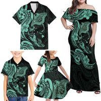 Hawaiian Manta Rays Family Matching Off Shoulder Maxi Dress and Hawaiian Shirt Tribal Hibiscus Polynesian Tattoos Turquoise Color LT03 - Polynesian Pride
