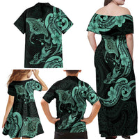 Hawaiian Manta Rays Family Matching Off Shoulder Maxi Dress and Hawaiian Shirt Tribal Hibiscus Polynesian Tattoos Turquoise Color LT03 - Polynesian Pride