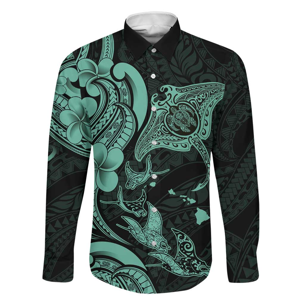 Hawaiian Manta Rays Family Matching Off Shoulder Maxi Dress and Hawaiian Shirt Tribal Hibiscus Polynesian Tattoos Turquoise Color LT03 Dad's Shirt - Long Sleeve Turquoise - Polynesian Pride