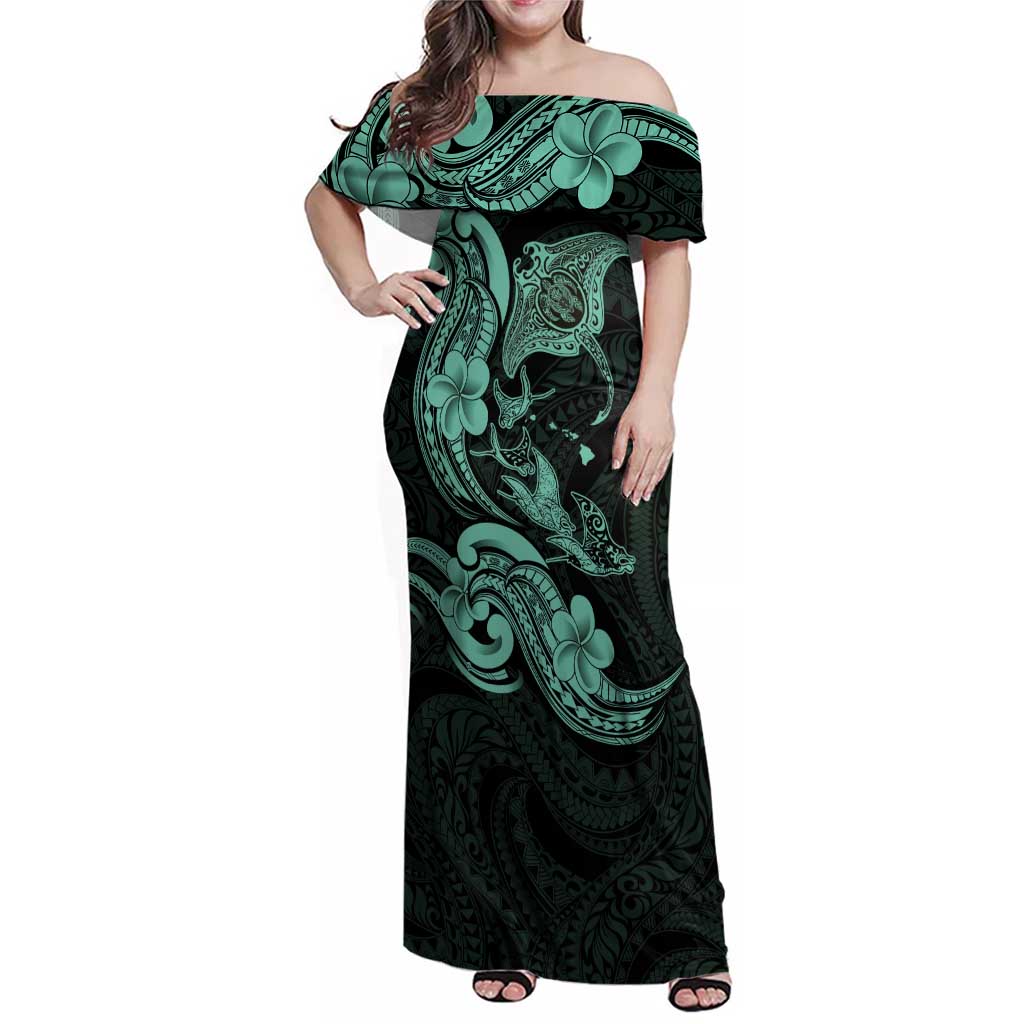 Hawaiian Manta Rays Family Matching Off Shoulder Maxi Dress and Hawaiian Shirt Tribal Hibiscus Polynesian Tattoos Turquoise Color LT03 Mom's Dress Turquoise - Polynesian Pride