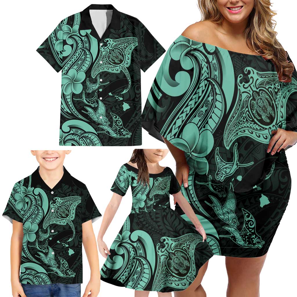 Hawaiian Manta Rays Family Matching Off Shoulder Short Dress and Hawaiian Shirt Tribal Hibiscus Polynesian Tattoos Turquoise Color - Polynesian Pride