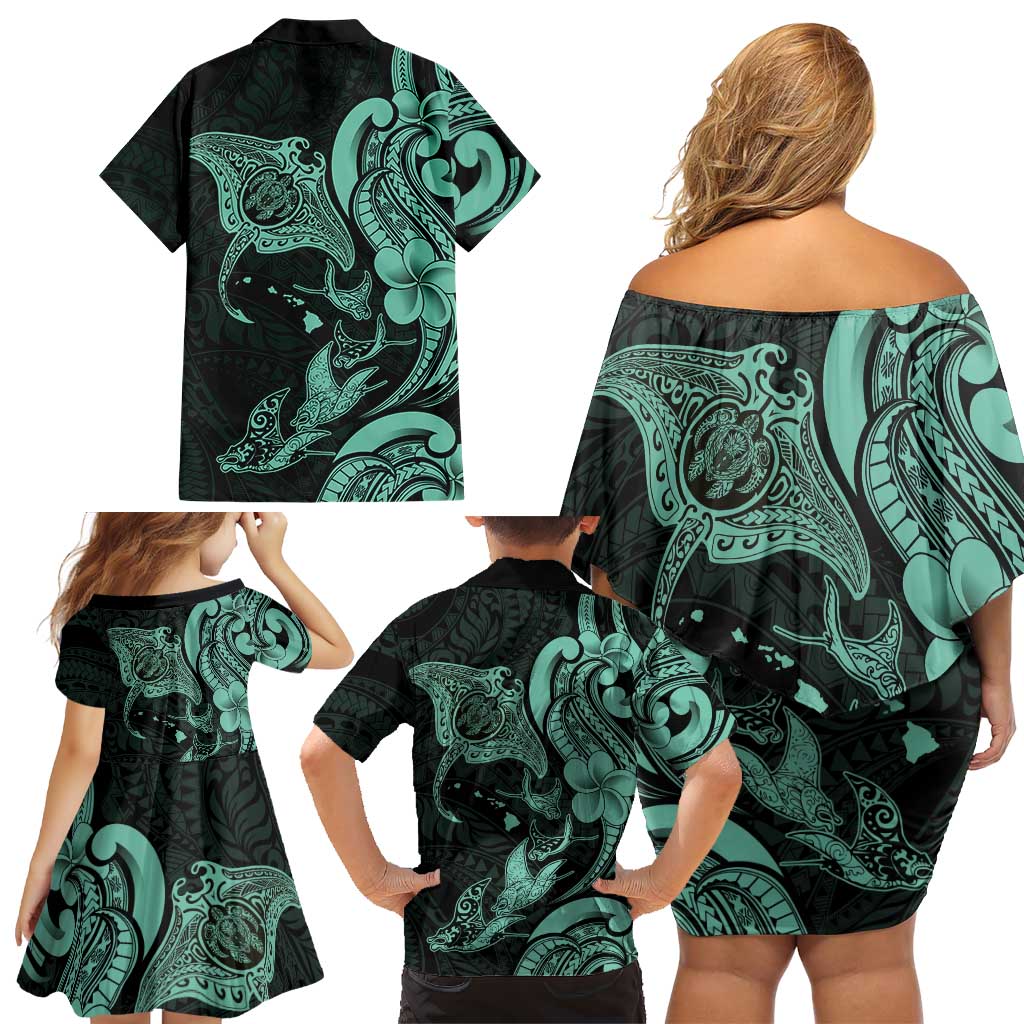 Hawaiian Manta Rays Family Matching Off Shoulder Short Dress and Hawaiian Shirt Tribal Hibiscus Polynesian Tattoos Turquoise Color LT03 - Polynesian Pride