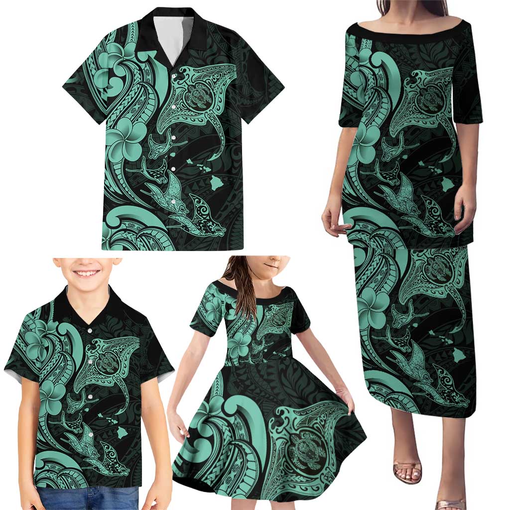 Hawaiian Manta Rays Family Matching Puletasi and Hawaiian Shirt Tribal Hibiscus Polynesian Tattoos Turquoise Color LT03 - Polynesian Pride