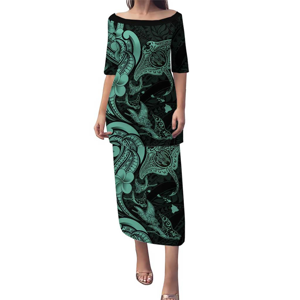 Hawaiian Manta Rays Family Matching Puletasi and Hawaiian Shirt Tribal Hibiscus Polynesian Tattoos Turquoise Color LT03 Mom's Dress Turquoise - Polynesian Pride