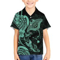 Hawaiian Manta Rays Family Matching Puletasi and Hawaiian Shirt Tribal Hibiscus Polynesian Tattoos Turquoise Color LT03 Son's Shirt Turquoise - Polynesian Pride