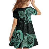 Hawaiian Manta Rays Family Matching Short Sleeve Bodycon Dress and Hawaiian Shirt Tribal Hibiscus Polynesian Tattoos Turquoise Color LT03 - Polynesian Pride