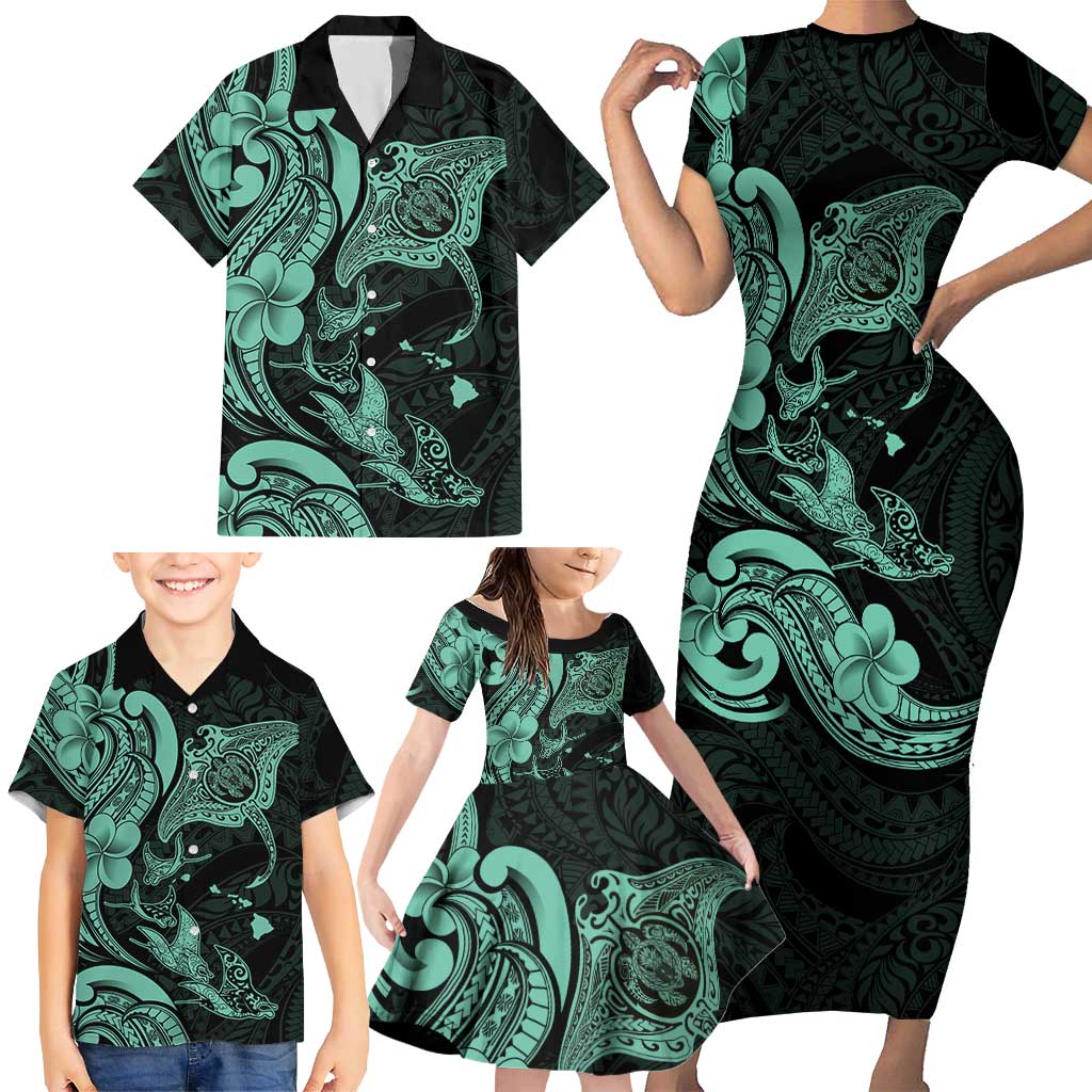 Hawaiian Manta Rays Family Matching Short Sleeve Bodycon Dress and Hawaiian Shirt Tribal Hibiscus Polynesian Tattoos Turquoise Color LT03 - Polynesian Pride
