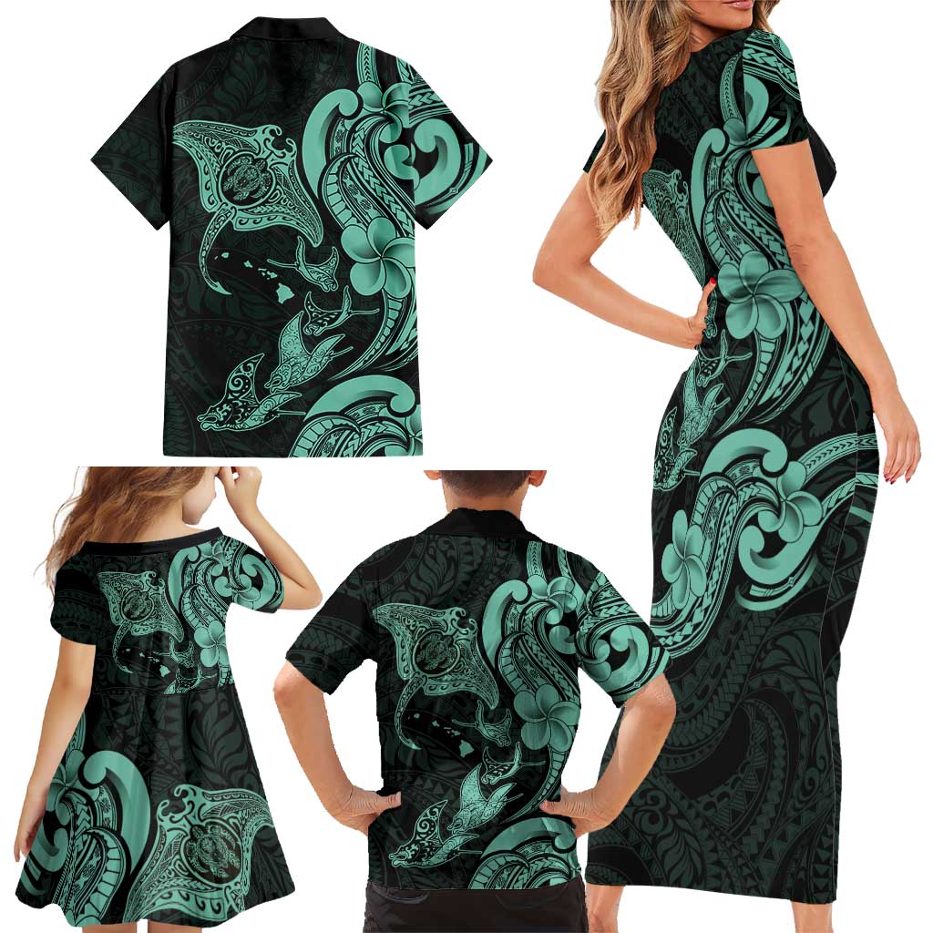 Hawaiian Manta Rays Family Matching Short Sleeve Bodycon Dress and Hawaiian Shirt Tribal Hibiscus Polynesian Tattoos Turquoise Color LT03 - Polynesian Pride