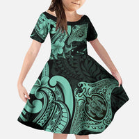 Hawaiian Manta Rays Family Matching Summer Maxi Dress and Hawaiian Shirt Tribal Hibiscus Polynesian Tattoos Turquoise Color LT03 Daughter's Dress Turquoise - Polynesian Pride
