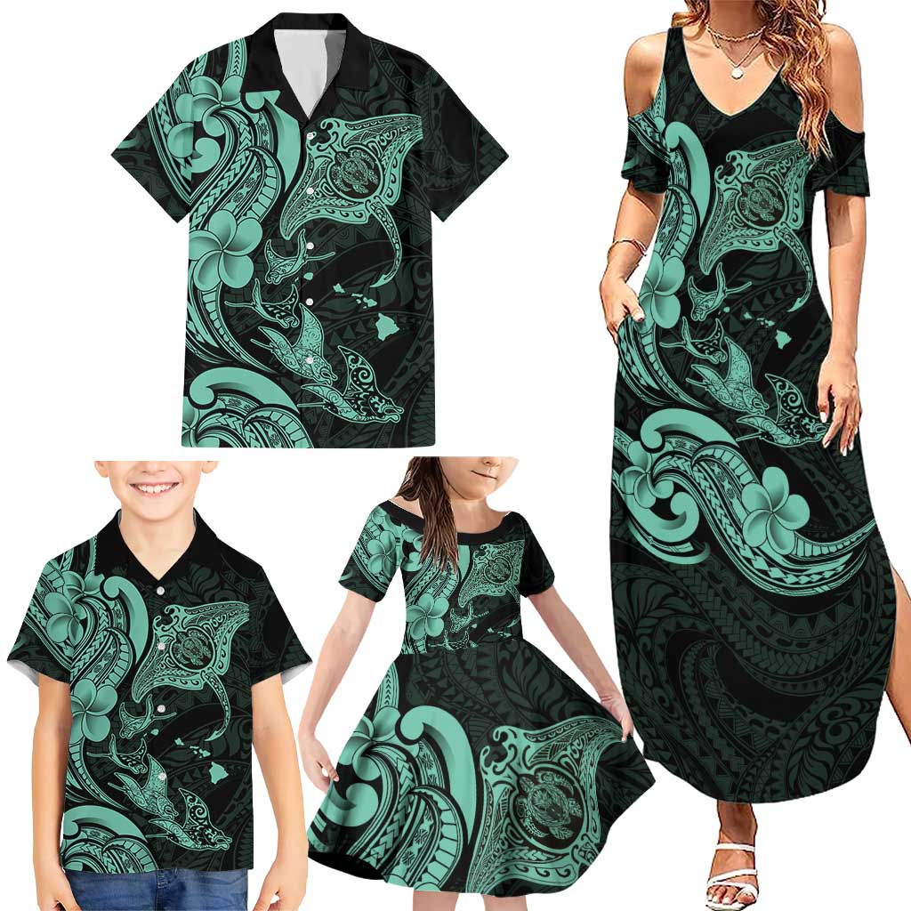 Hawaiian Manta Rays Family Matching Summer Maxi Dress and Hawaiian Shirt Tribal Hibiscus Polynesian Tattoos Turquoise Color - Polynesian Pride