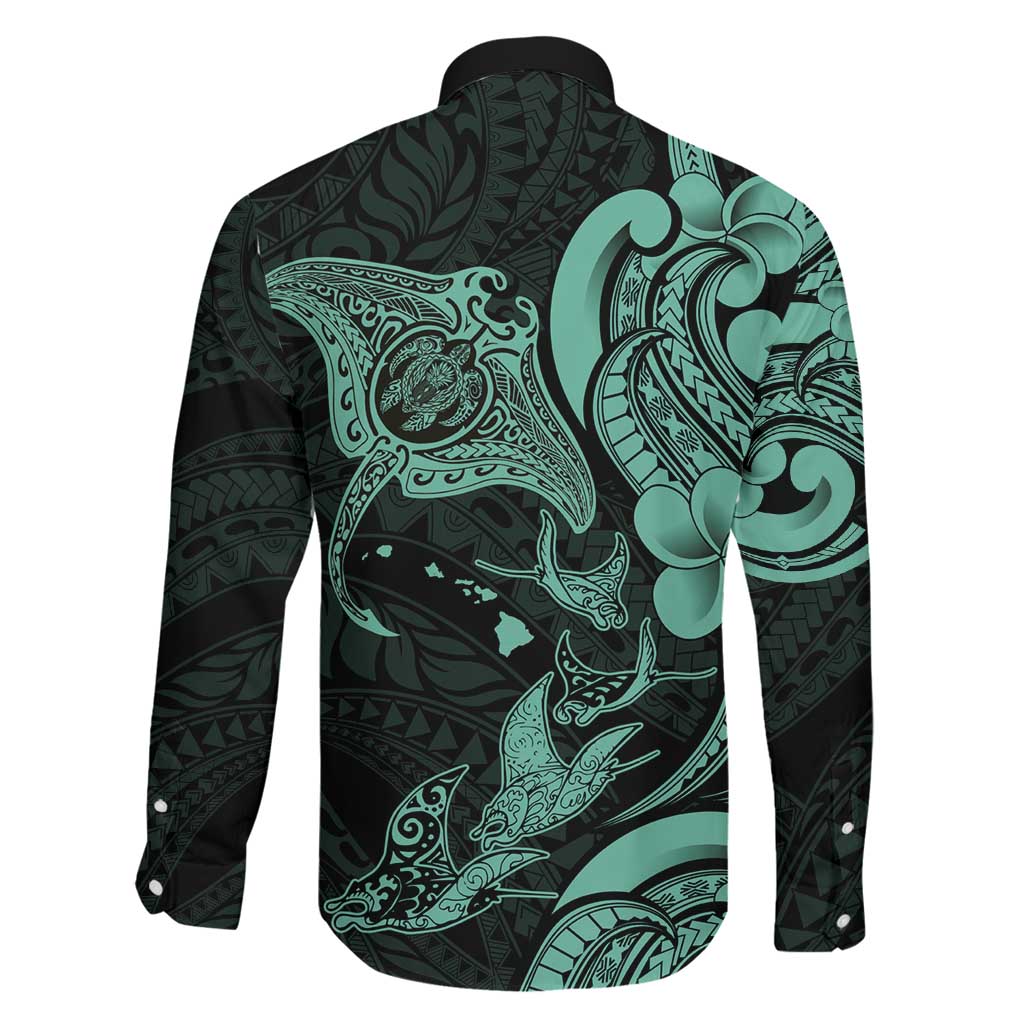 Hawaiian Manta Rays Family Matching Summer Maxi Dress and Hawaiian Shirt Tribal Hibiscus Polynesian Tattoos Turquoise Color LT03 - Polynesian Pride