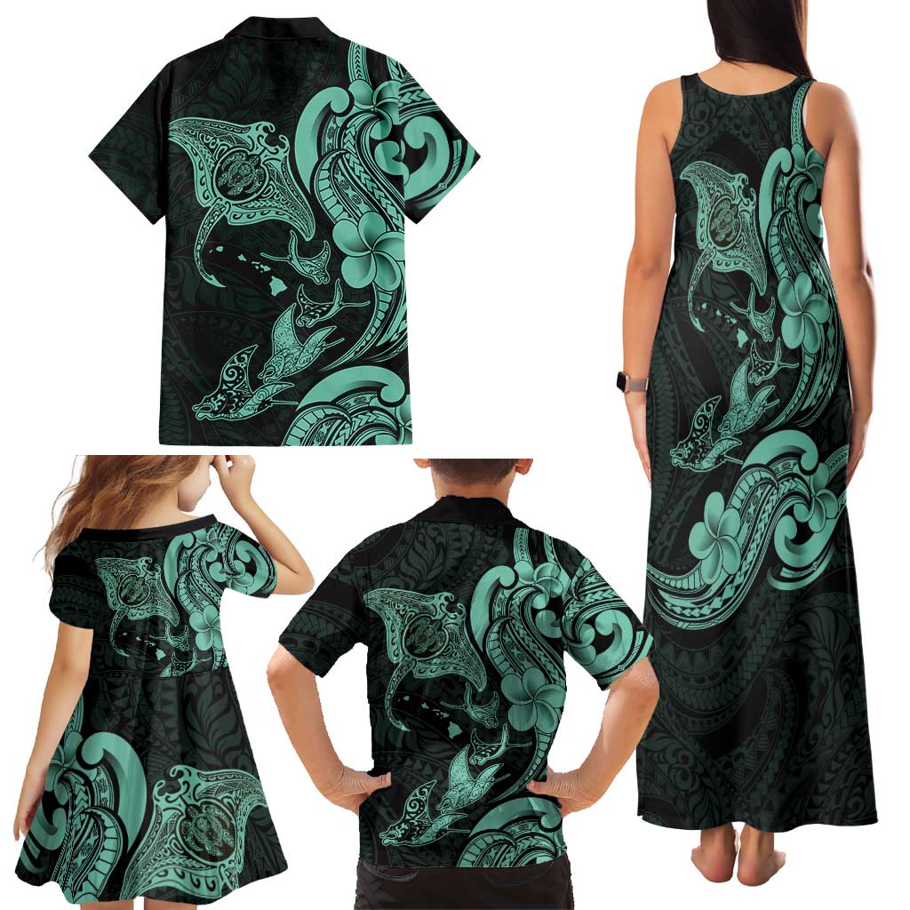 Hawaiian Manta Rays Family Matching Tank Maxi Dress and Hawaiian Shirt Tribal Hibiscus Polynesian Tattoos Turquoise Color LT03 - Polynesian Pride