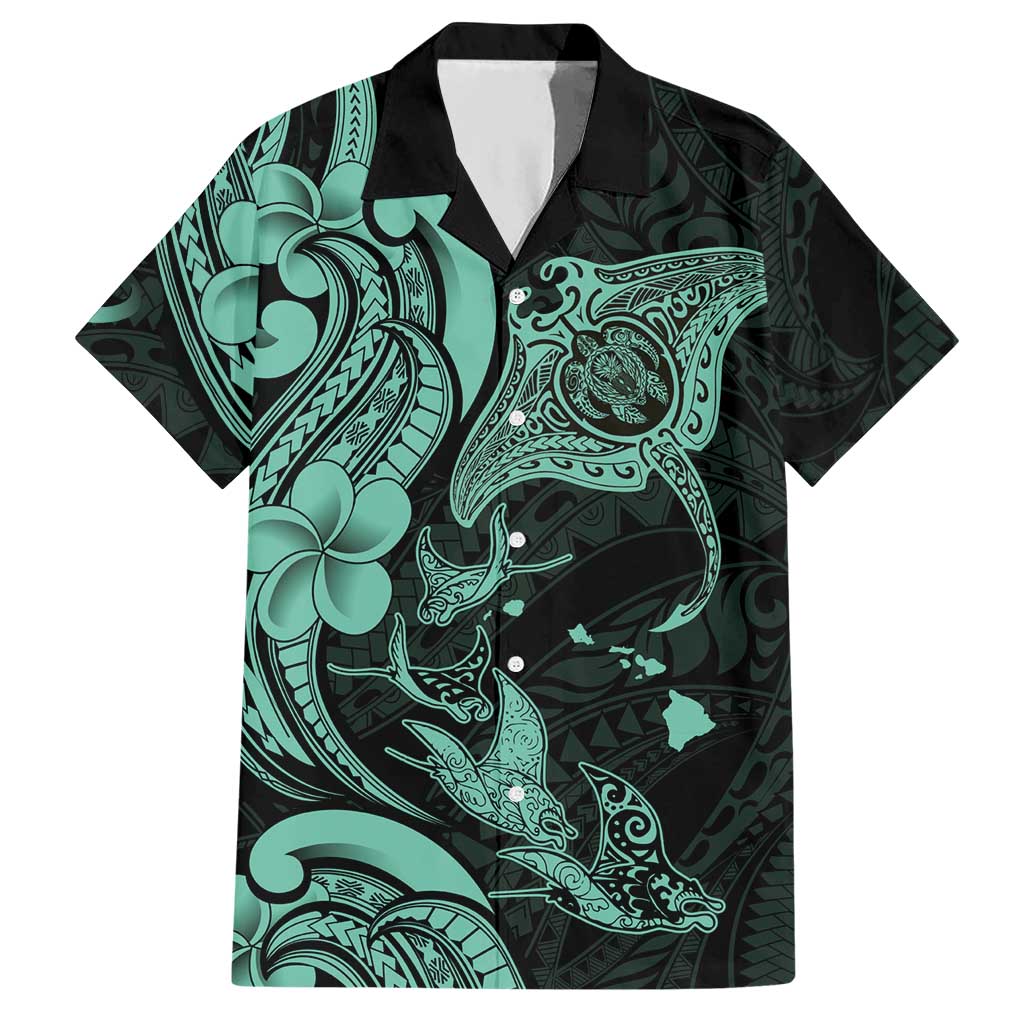 Hawaiian Manta Rays Hawaiian Shirt Tribal Hibiscus Polynesian Tattoos Turquoise Color - Polynesian Pride
