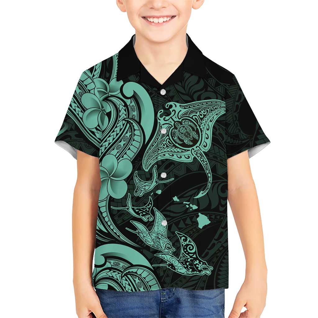 Hawaiian Manta Rays Hawaiian Shirt Tribal Hibiscus Polynesian Tattoos Turquoise Color - Polynesian Pride