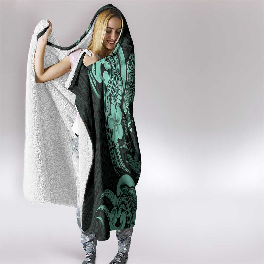 Hawaiian Manta Rays Hooded Blanket Tribal Hibiscus Polynesian Tattoos Turquoise Color - Polynesian Pride