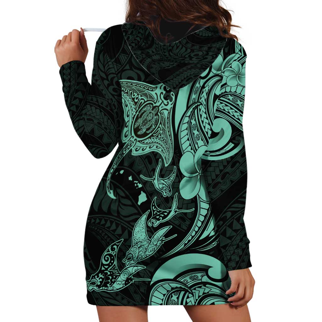 Hawaiian Manta Rays Hoodie Dress Tribal Hibiscus Polynesian Tattoos Turquoise Color LT03 - Polynesian Pride