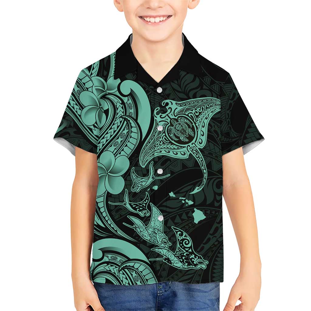 Hawaiian Manta Rays Kid Hawaiian Shirt Tribal Hibiscus Polynesian Tattoos Turquoise Color LT03 Kid Turquoise - Polynesian Pride