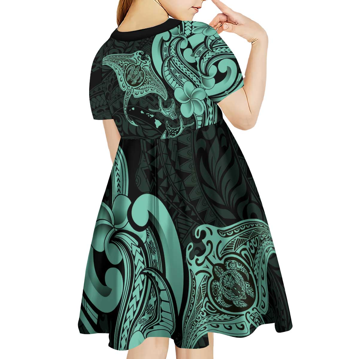 Hawaiian Manta Rays Kid Short Sleeve Dress Tribal Hibiscus Polynesian Tattoos Turquoise Color LT03 - Polynesian Pride