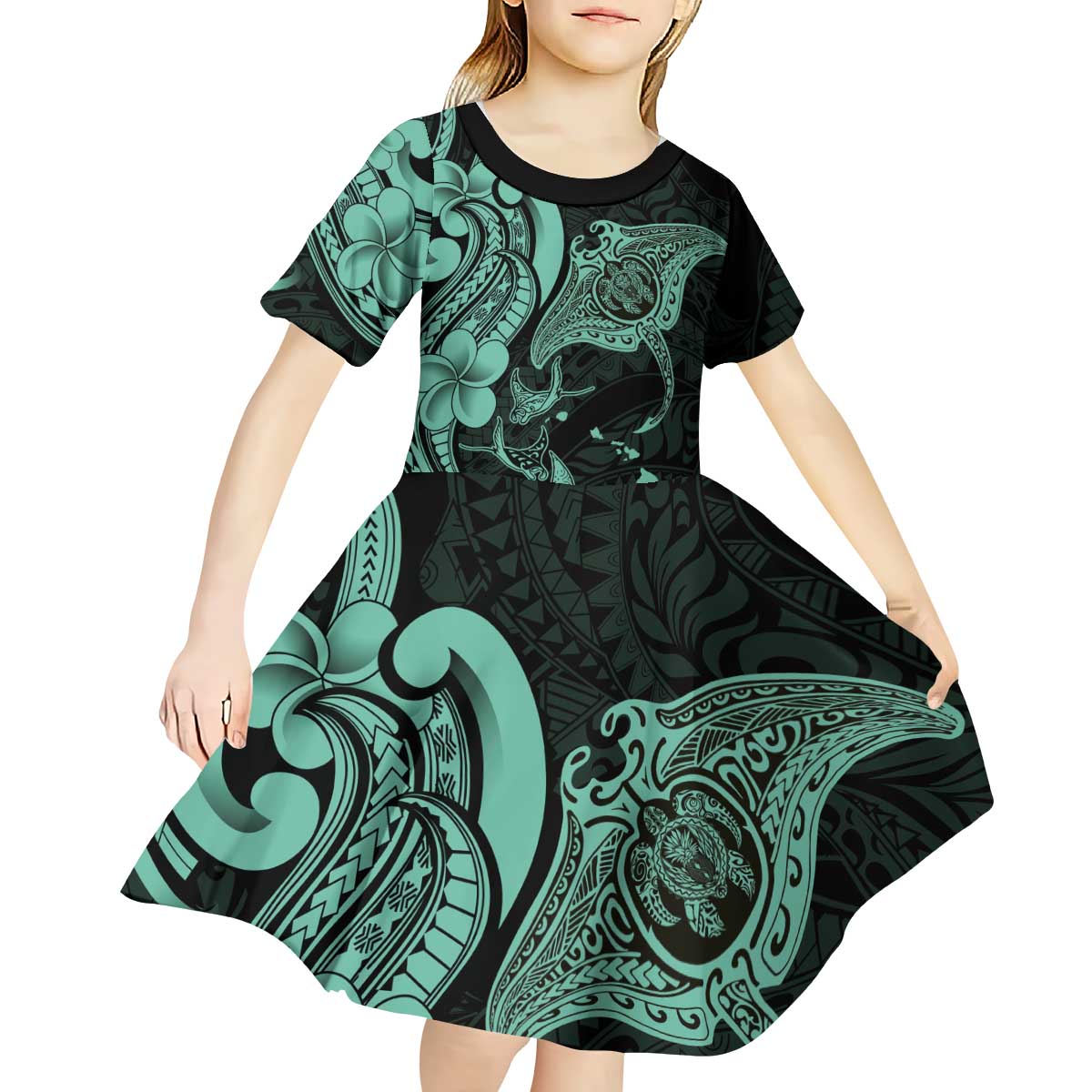 Hawaiian Manta Rays Kid Short Sleeve Dress Tribal Hibiscus Polynesian Tattoos Turquoise Color LT03 - Polynesian Pride