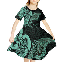 Hawaiian Manta Rays Kid Short Sleeve Dress Tribal Hibiscus Polynesian Tattoos Turquoise Color LT03 - Polynesian Pride