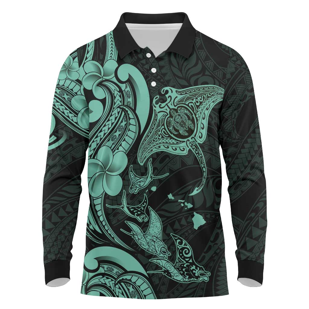 Hawaiian Manta Rays Long Sleeve Polo Shirt Tribal Hibiscus Polynesian Tattoos Turquoise Color LT03 Turquoise - Polynesian Pride