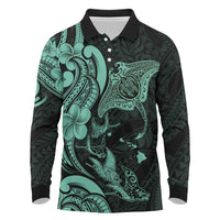 Hawaiian Manta Rays Long Sleeve Polo Shirt Tribal Hibiscus Polynesian Tattoos Turquoise Color LT03 Turquoise - Polynesian Pride