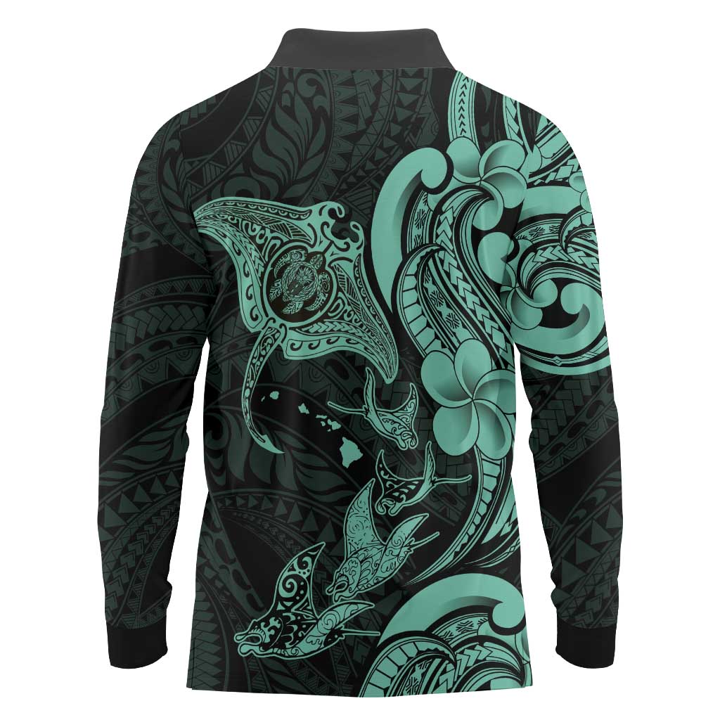 Hawaiian Manta Rays Long Sleeve Polo Shirt Tribal Hibiscus Polynesian Tattoos Turquoise Color LT03 - Polynesian Pride