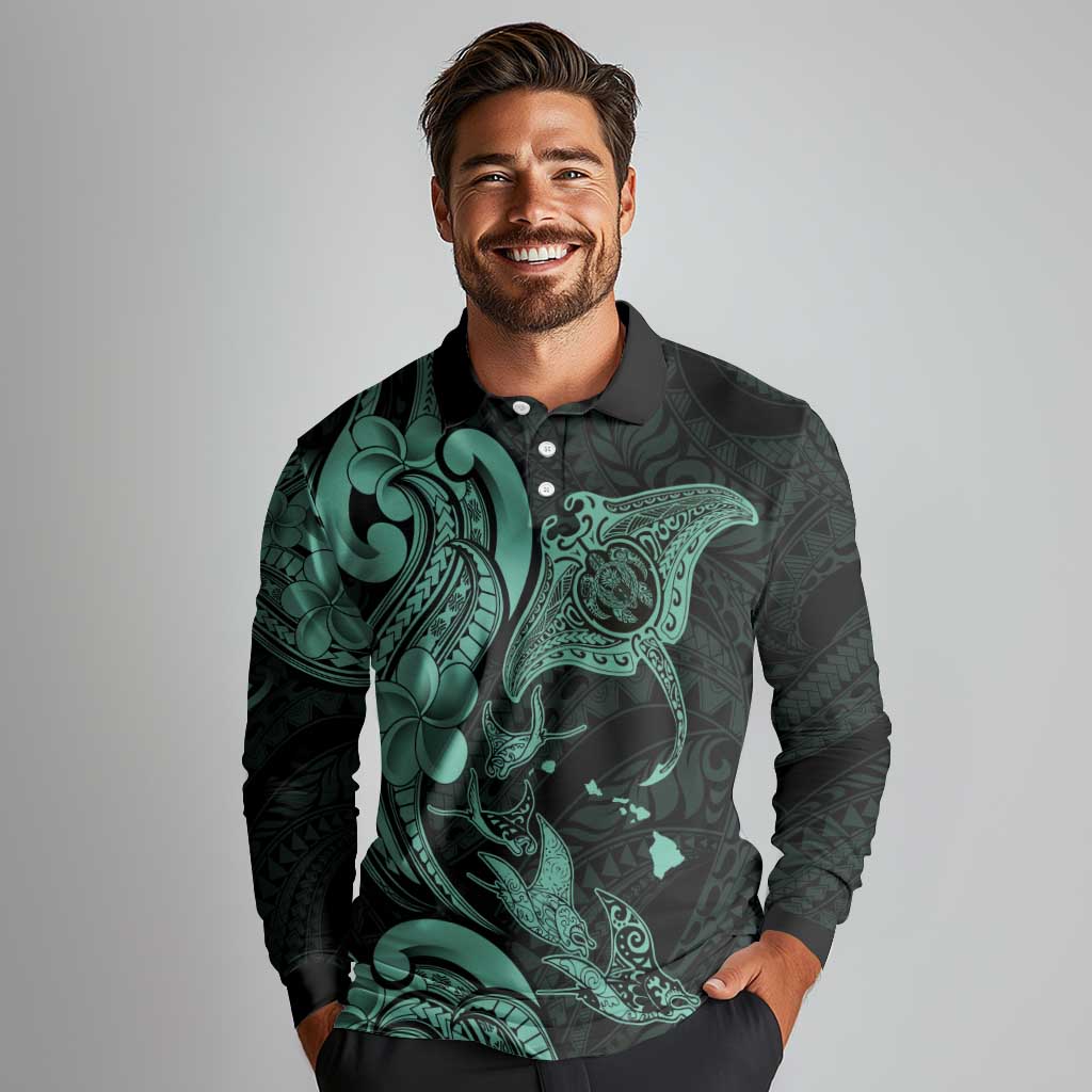 Hawaiian Manta Rays Long Sleeve Polo Shirt Tribal Hibiscus Polynesian Tattoos Turquoise Color LT03 - Polynesian Pride