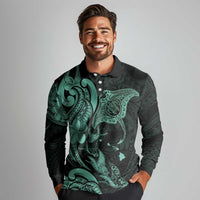 Hawaiian Manta Rays Long Sleeve Polo Shirt Tribal Hibiscus Polynesian Tattoos Turquoise Color LT03 - Polynesian Pride