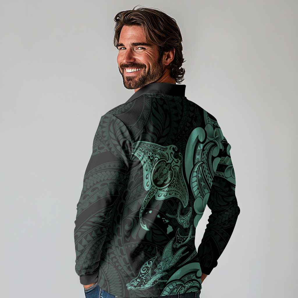 Hawaiian Manta Rays Long Sleeve Polo Shirt Tribal Hibiscus Polynesian Tattoos Turquoise Color LT03 - Polynesian Pride