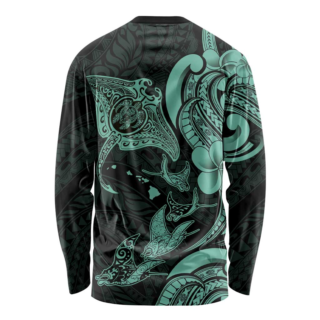 Hawaiian Manta Rays Long Sleeve Shirt Tribal Hibiscus Polynesian Tattoos Turquoise Color - Polynesian Pride