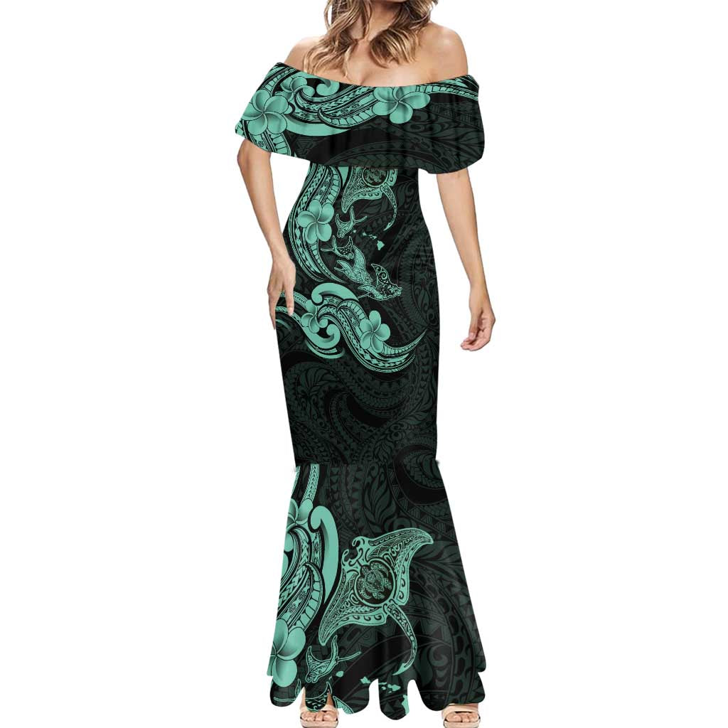 Hawaiian Manta Rays Mermaid Dress Tribal Hibiscus Polynesian Tattoos Turquoise Color LT03 - Polynesian Pride