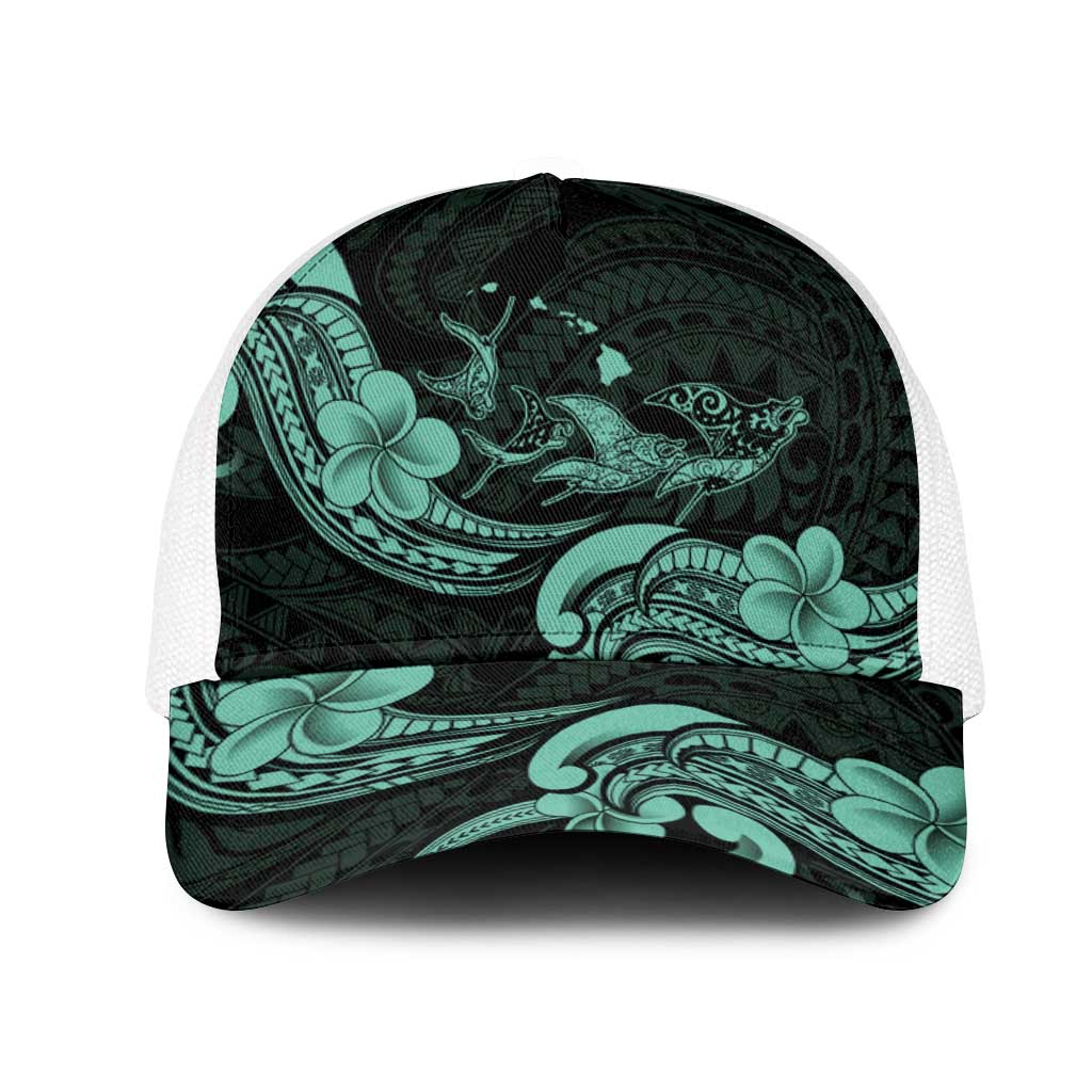 Hawaiian Manta Rays Mesh Trucker Cap Tribal Hibiscus Polynesian Tattoos Turquoise Color - Polynesian Pride