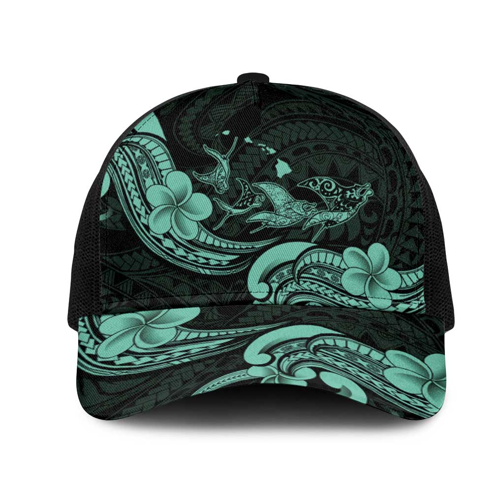 Hawaiian Manta Rays Mesh Trucker Cap Tribal Hibiscus Polynesian Tattoos Turquoise Color - Polynesian Pride