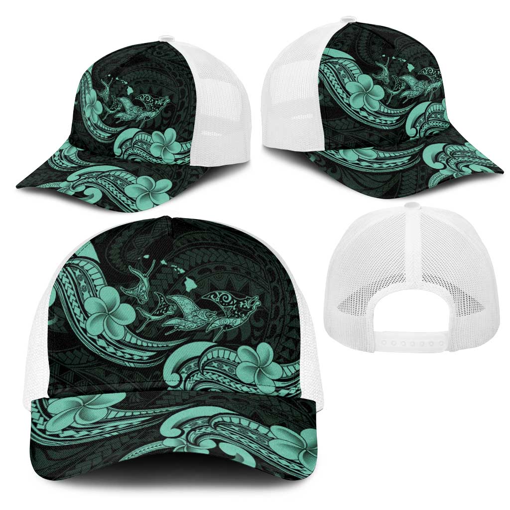 Hawaiian Manta Rays Mesh Trucker Cap Tribal Hibiscus Polynesian Tattoos Turquoise Color - Polynesian Pride