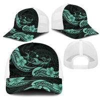 Hawaiian Manta Rays Mesh Trucker Cap Tribal Hibiscus Polynesian Tattoos Turquoise Color - Polynesian Pride