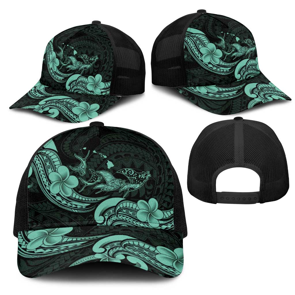 Hawaiian Manta Rays Mesh Trucker Cap Tribal Hibiscus Polynesian Tattoos Turquoise Color - Polynesian Pride