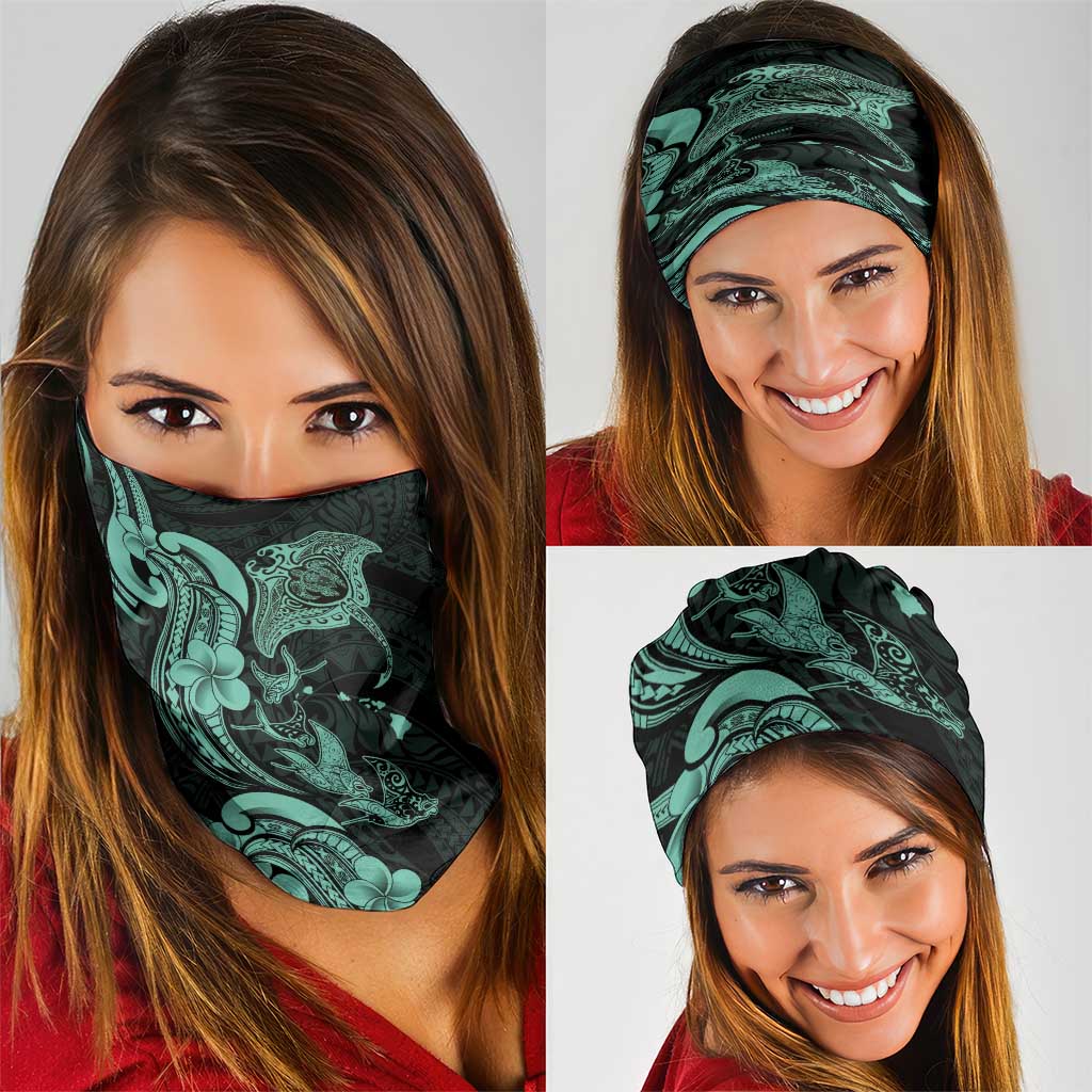 Hawaiian Manta Rays Neck Gaiter Tribal Hibiscus Polynesian Tattoos Turquoise Color LT03 - Polynesian Pride