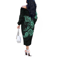 Hawaiian Manta Rays Off The Shoulder Long Sleeve Dress Tribal Hibiscus Polynesian Tattoos Turquoise Color LT03 - Polynesian Pride