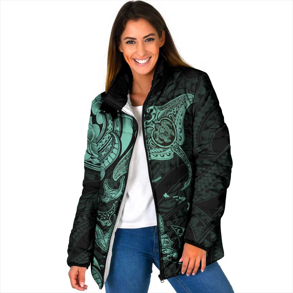 Hawaiian Manta Rays Padded Jacket Tribal Hibiscus Polynesian Tattoos Turquoise Color - Polynesian Pride