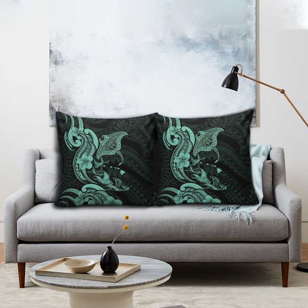 Hawaiian Manta Rays Pillow Cover Tribal Hibiscus Polynesian Tattoos Turquoise Color - Polynesian Pride