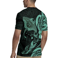 Hawaiian Manta Rays Rugby Jersey Tribal Hibiscus Polynesian Tattoos Turquoise Color - Polynesian Pride