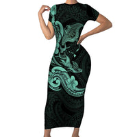 Hawaiian Manta Rays Short Sleeve Bodycon Dress Tribal Hibiscus Polynesian Tattoos Turquoise Color LT03 Long Dress Turquoise - Polynesian Pride