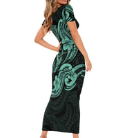 Hawaiian Manta Rays Short Sleeve Bodycon Dress Tribal Hibiscus Polynesian Tattoos Turquoise Color LT03 - Polynesian Pride