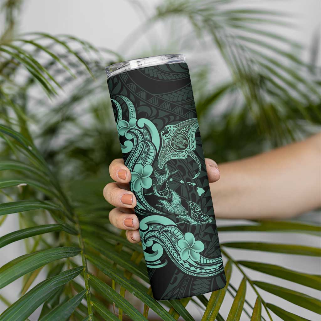 Hawaiian Manta Rays Skinny Tumbler Tribal Hibiscus Polynesian Tattoos Turquoise Color LT03 - Polynesian Pride