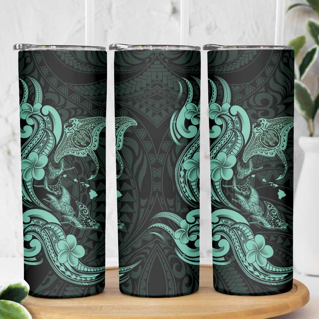 Hawaiian Manta Rays Skinny Tumbler Tribal Hibiscus Polynesian Tattoos Turquoise Color LT03 - Polynesian Pride